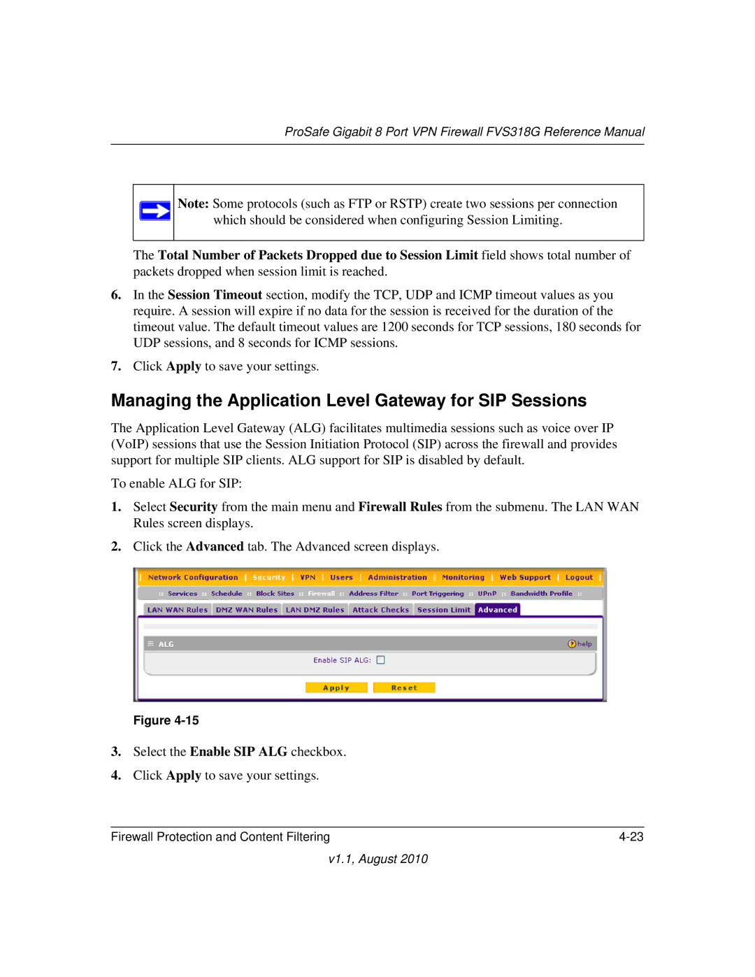 NETGEAR FVS318G manual Managing the Application Level Gateway for SIP Sessions 