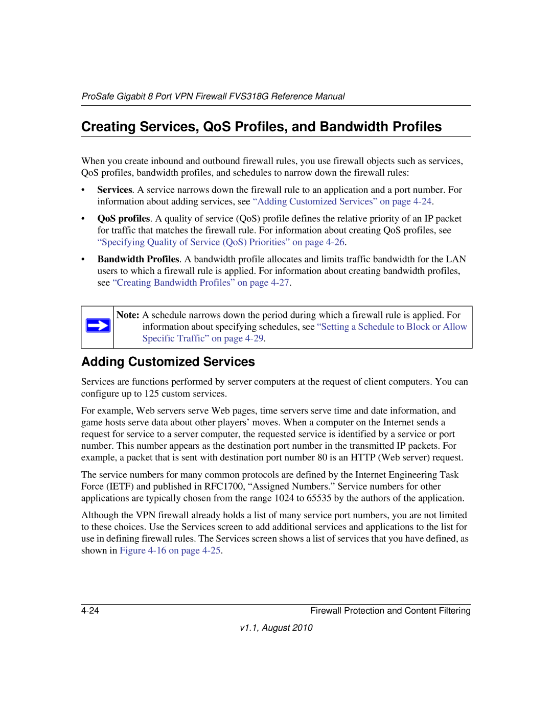 NETGEAR FVS318G manual Creating Services, QoS Profiles, and Bandwidth Profiles, Adding Customized Services 