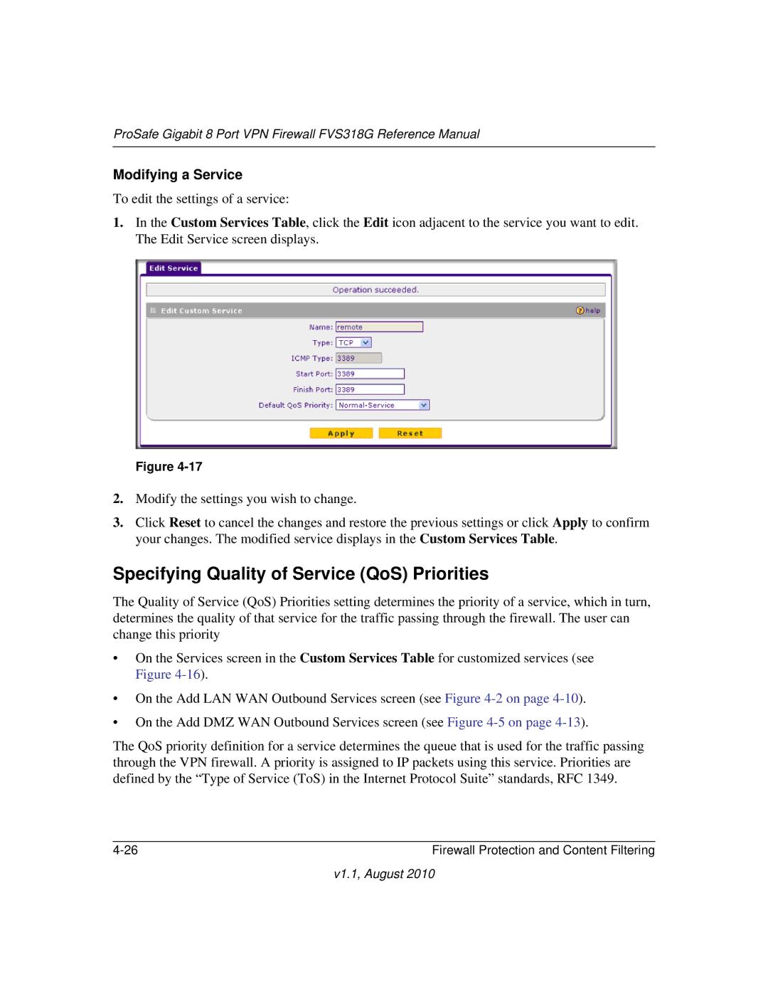 NETGEAR FVS318G manual Specifying Quality of Service QoS Priorities, Modifying a Service 