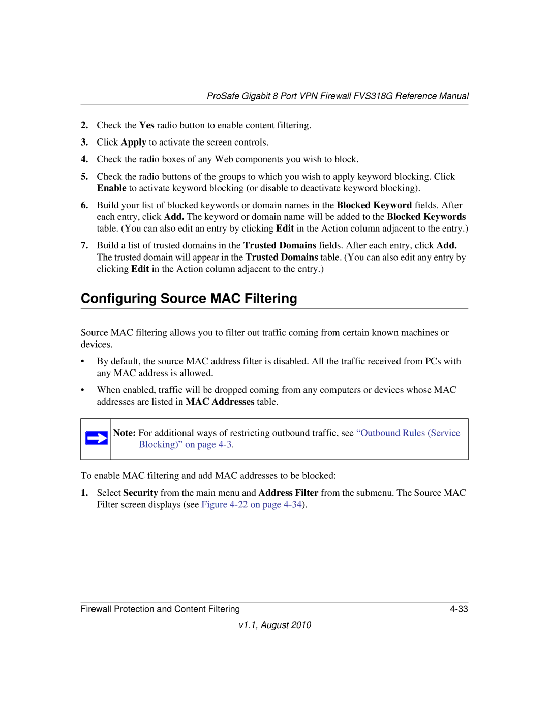 NETGEAR FVS318G manual Configuring Source MAC Filtering 