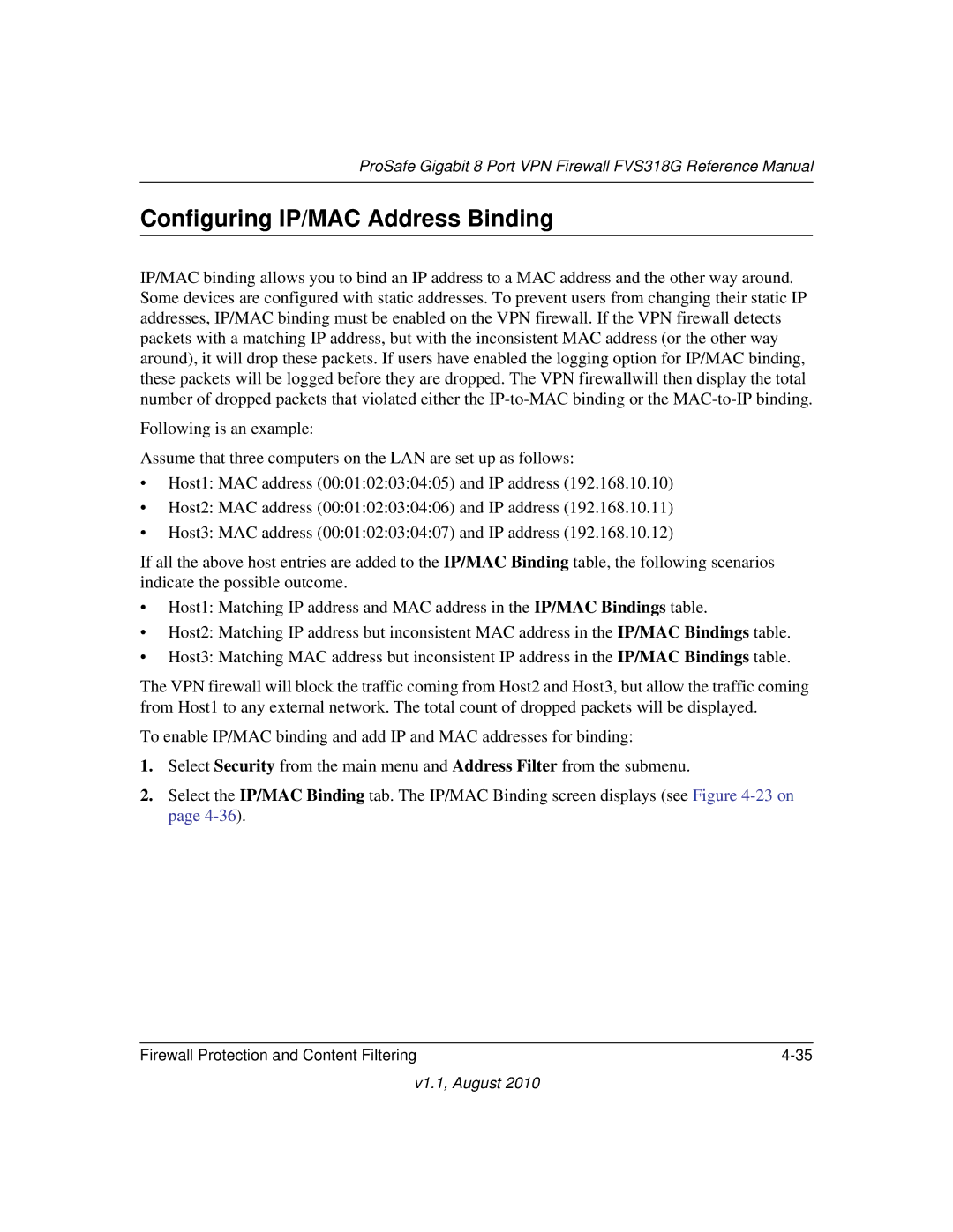 NETGEAR FVS318G manual Configuring IP/MAC Address Binding 