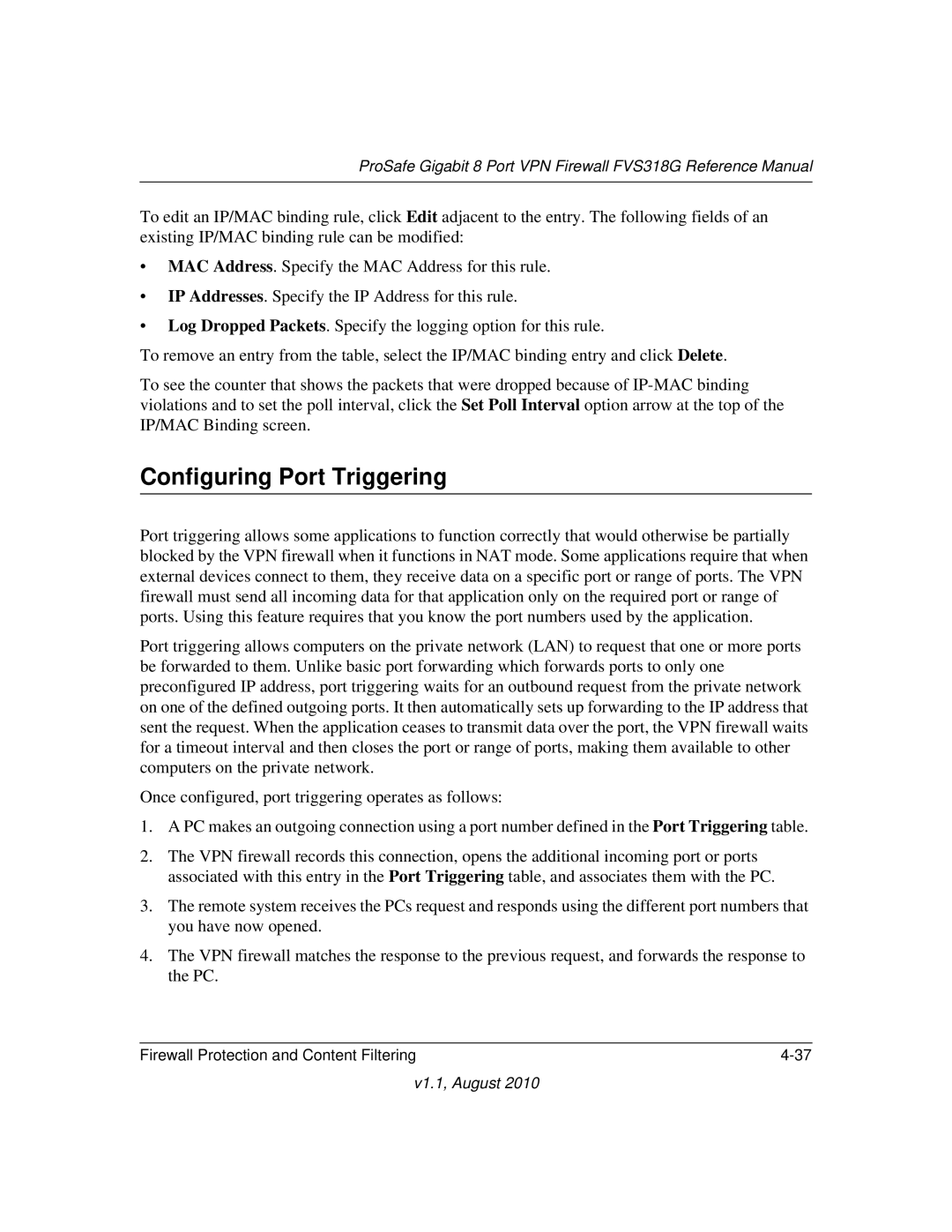 NETGEAR FVS318G manual Configuring Port Triggering 