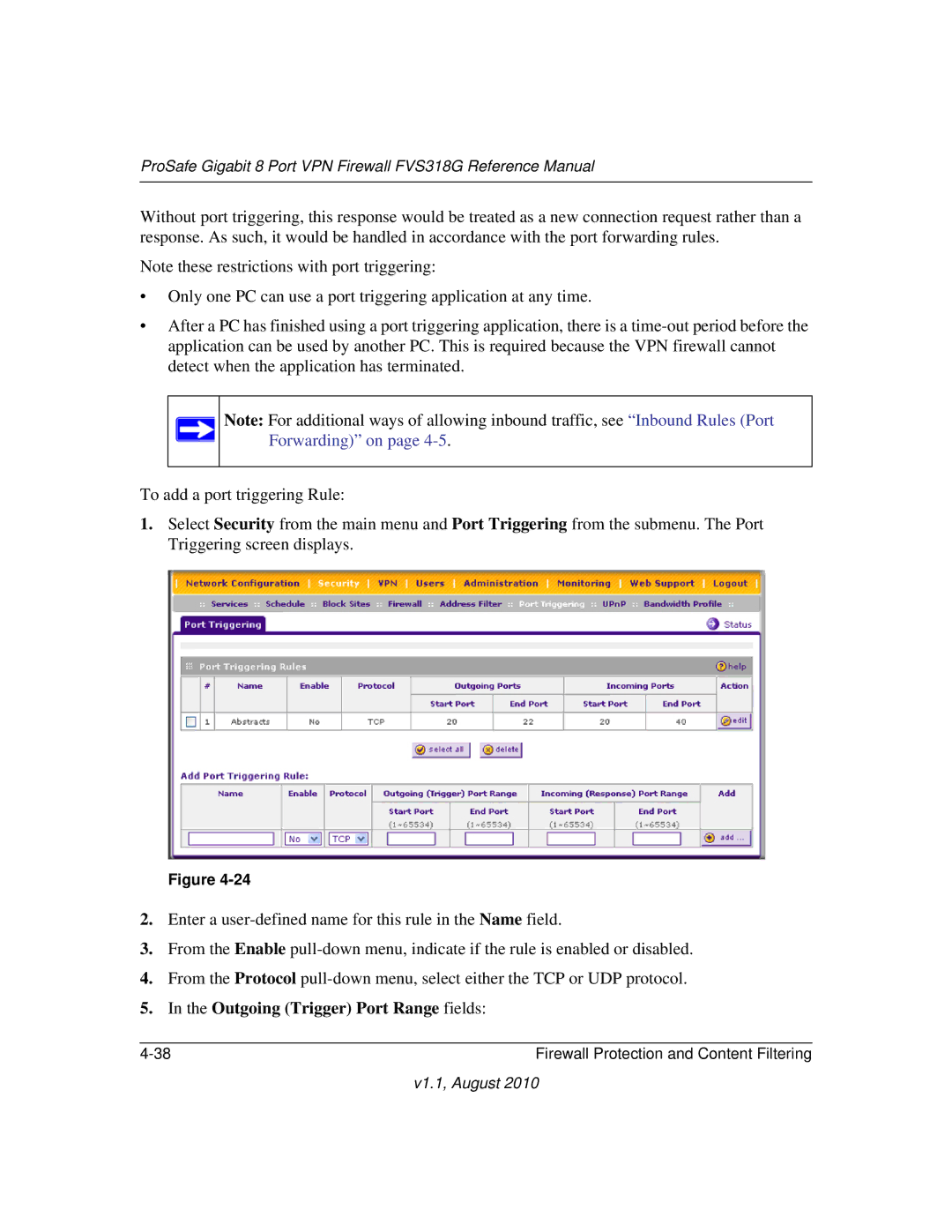 NETGEAR FVS318G manual Outgoing Trigger Port Range fields 