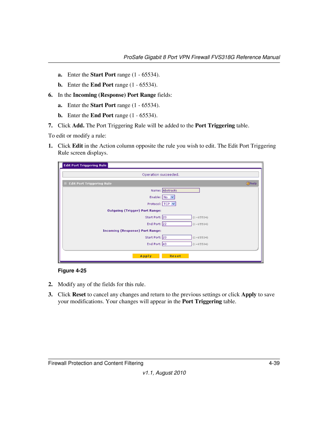 NETGEAR FVS318G manual Incoming Response Port Range fields 