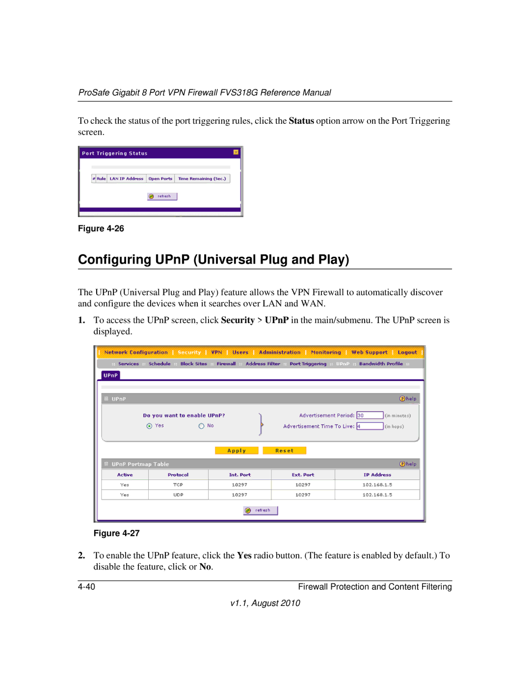 NETGEAR FVS318G manual Configuring UPnP Universal Plug and Play 