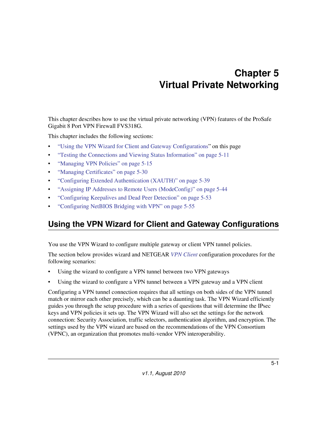 NETGEAR FVS318G manual Chapter Virtual Private Networking, Using the VPN Wizard for Client and Gateway Configurations 