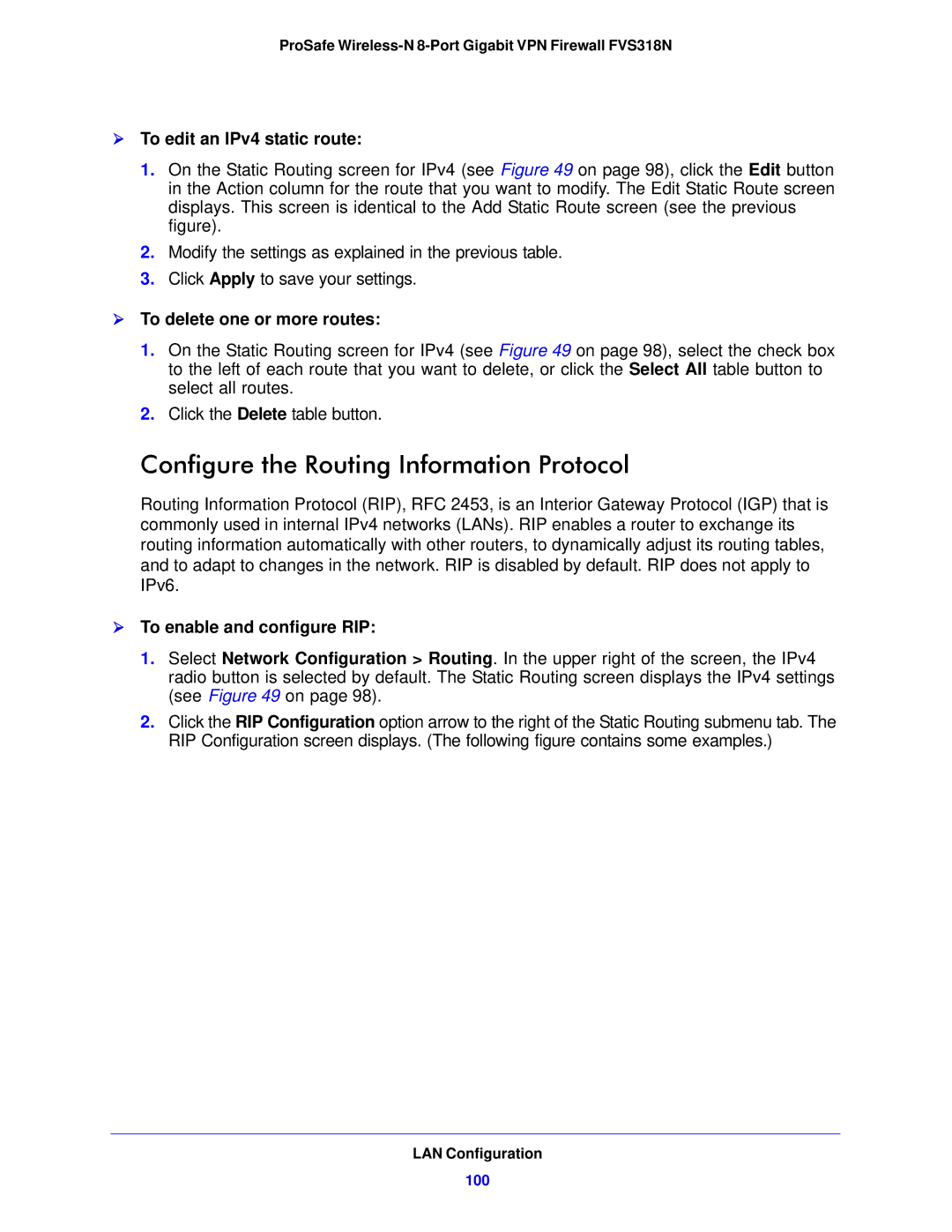 NETGEAR FVS318N Configure the Routing Information Protocol,  To edit an IPv4 static route,  To delete one or more routes 