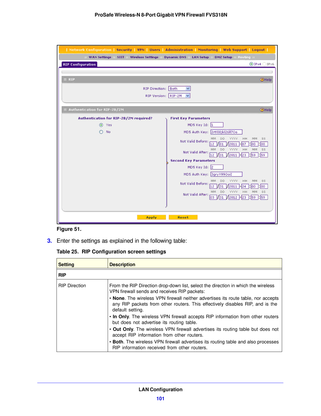 NETGEAR FVS318N manual RIP Configuration screen settings, 101 