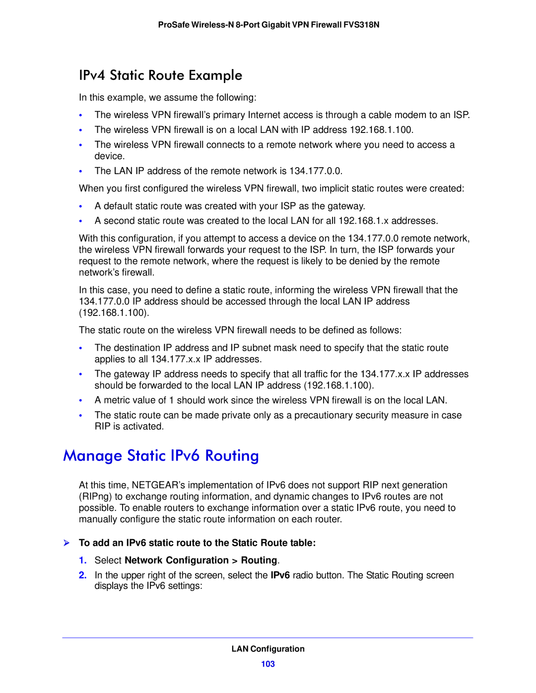 NETGEAR FVS318N manual Manage Static IPv6 Routing, IPv4 Static Route Example, 103 