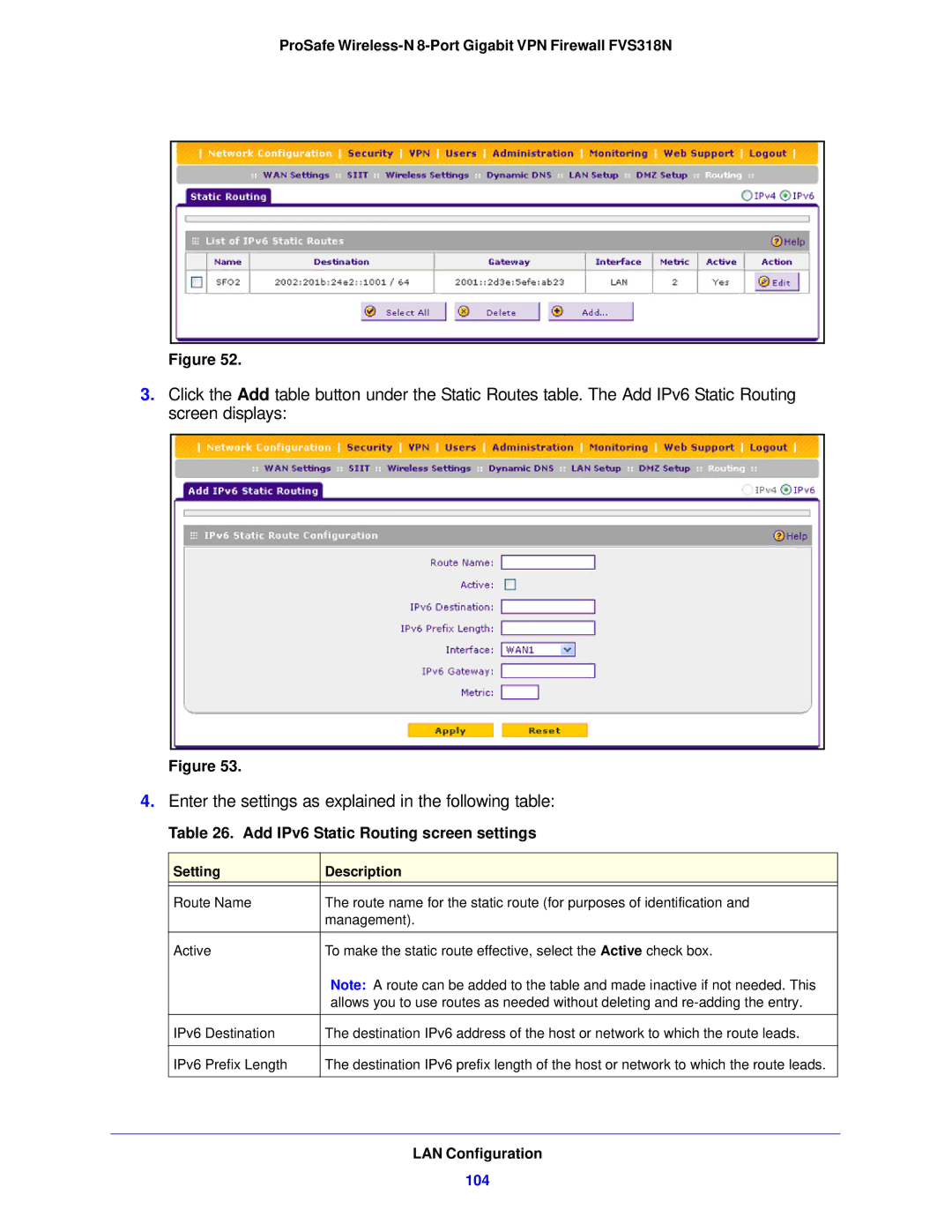 NETGEAR FVS318N manual Add IPv6 Static Routing screen settings, 104 