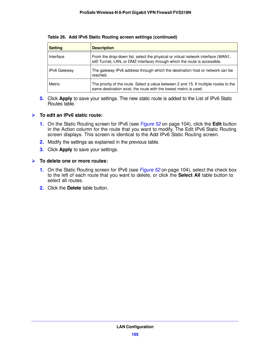 NETGEAR FVS318N manual  To edit an IPv6 static route, 105 