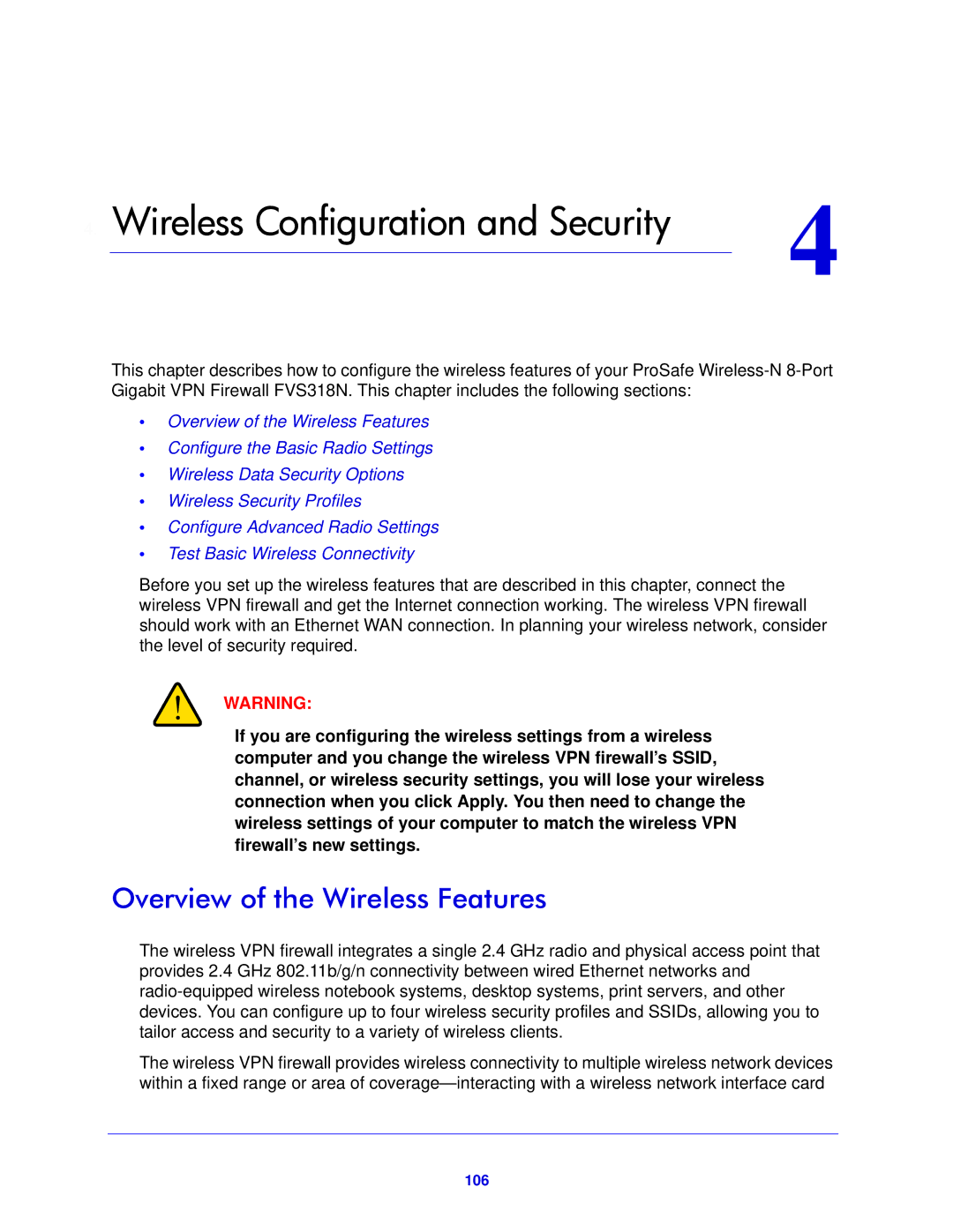 NETGEAR FVS318N manual Overview of the Wireless Features, 106 