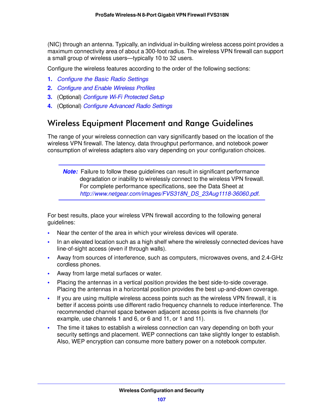 NETGEAR FVS318N manual Wireless Equipment Placement and Range Guidelines, Wireless Configuration and Security, 107 