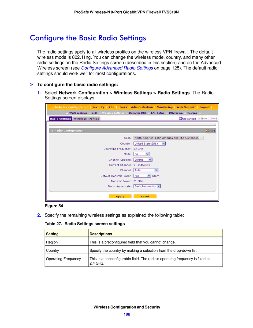 NETGEAR FVS318N Configure the Basic Radio Settings,  To configure the basic radio settings, 108, Setting Descriptions 