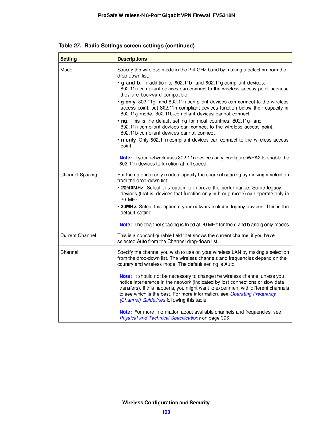 NETGEAR FVS318N manual 109, Channel Guidelines following this table, Physical and Technical Specifications on 