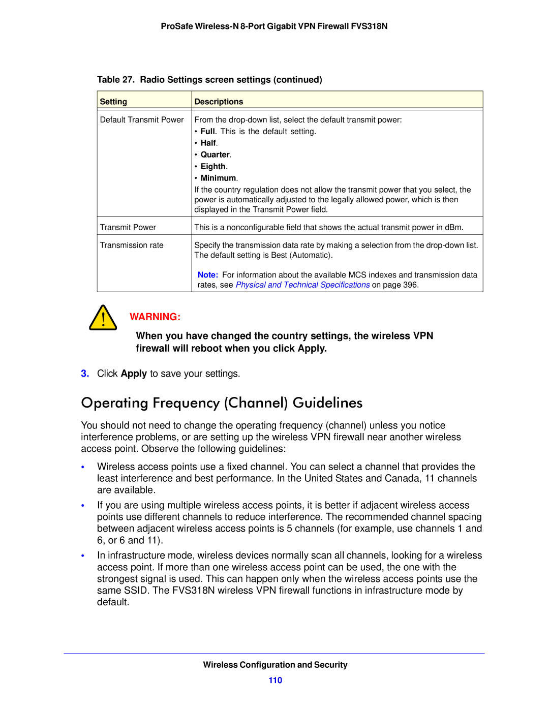 NETGEAR FVS318N manual Operating Frequency Channel Guidelines, 110 