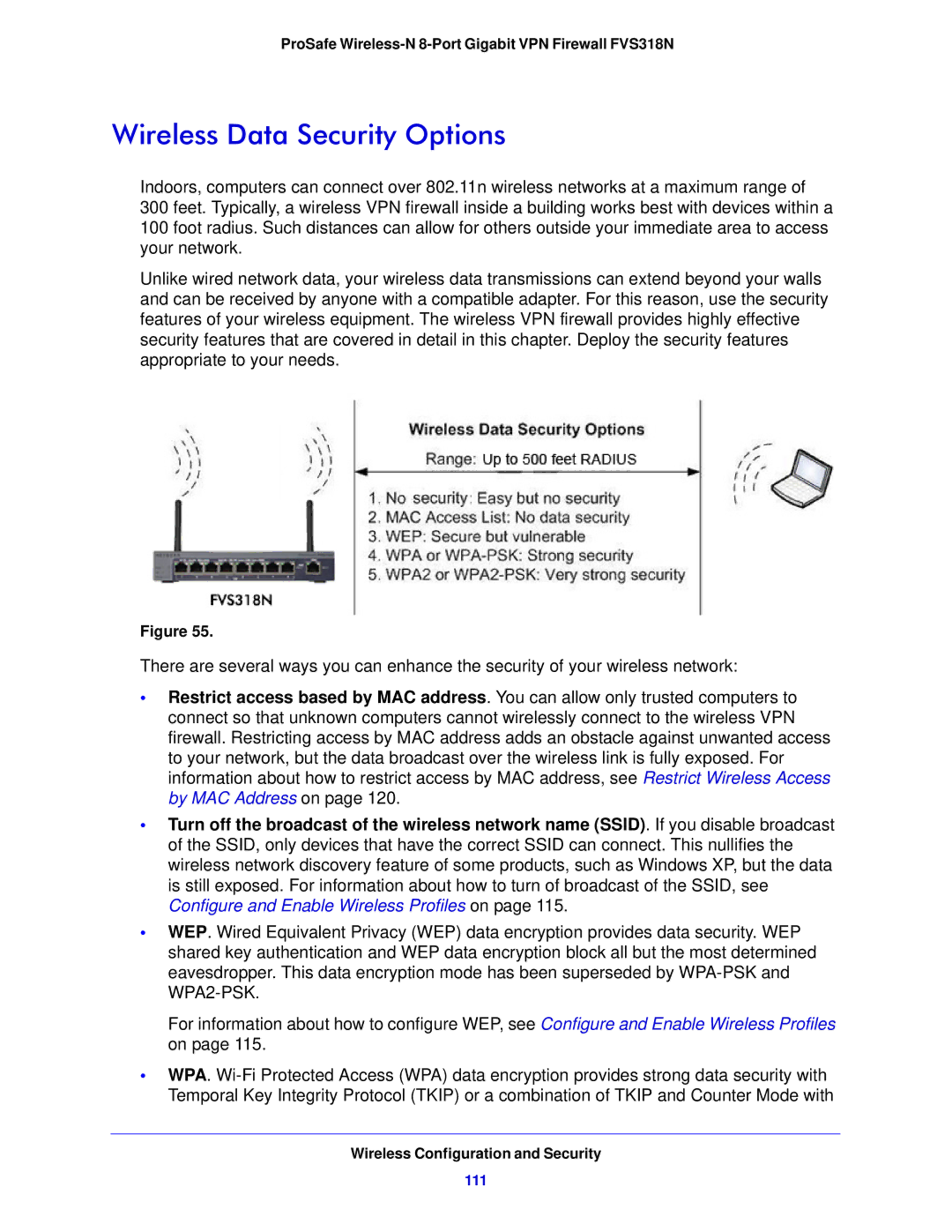 NETGEAR FVS318N manual Wireless Data Security Options, 111 