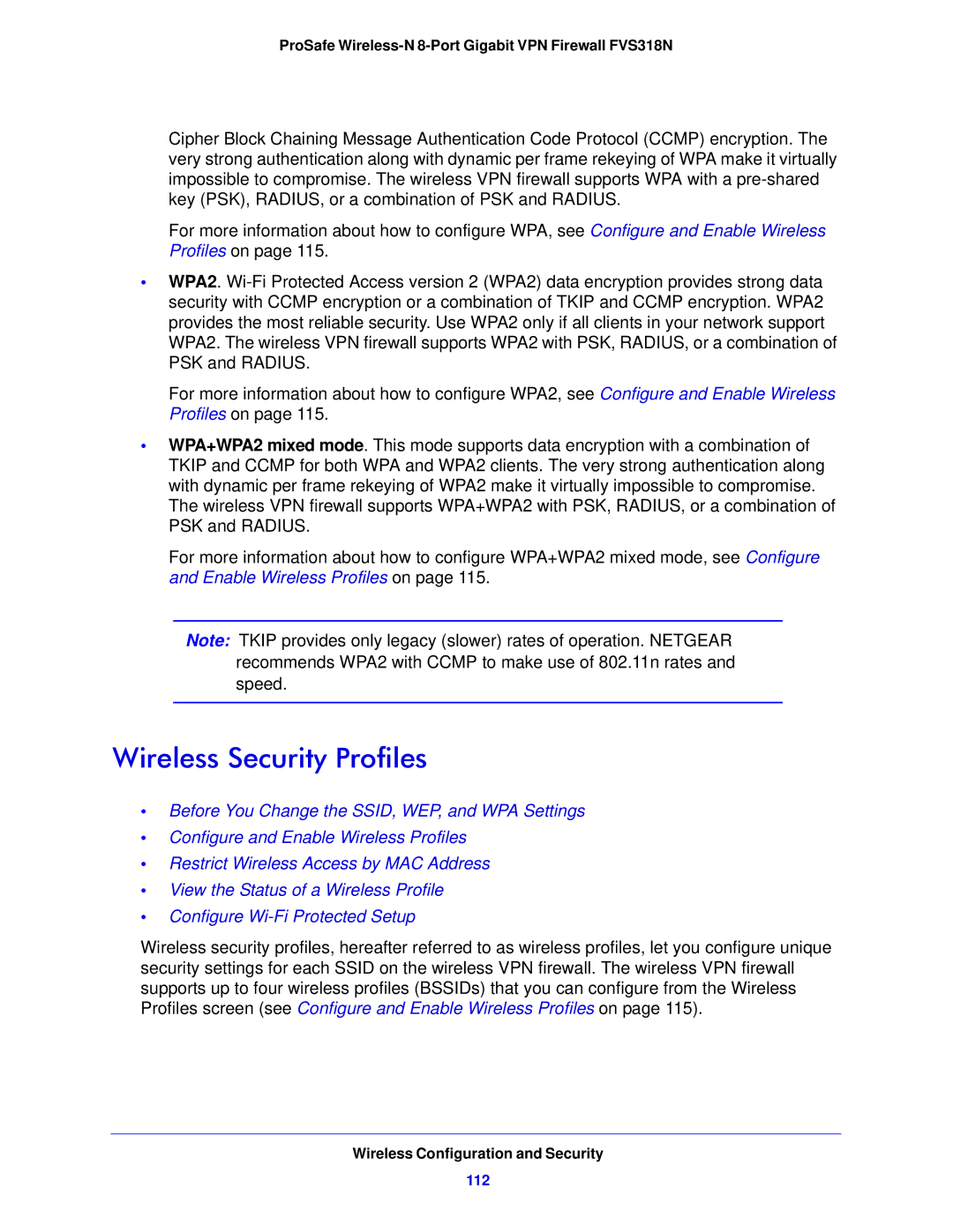 NETGEAR FVS318N manual Wireless Security Profiles, 112 