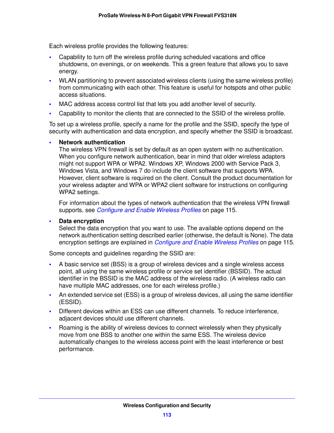 NETGEAR FVS318N manual Network authentication, Data encryption, 113 