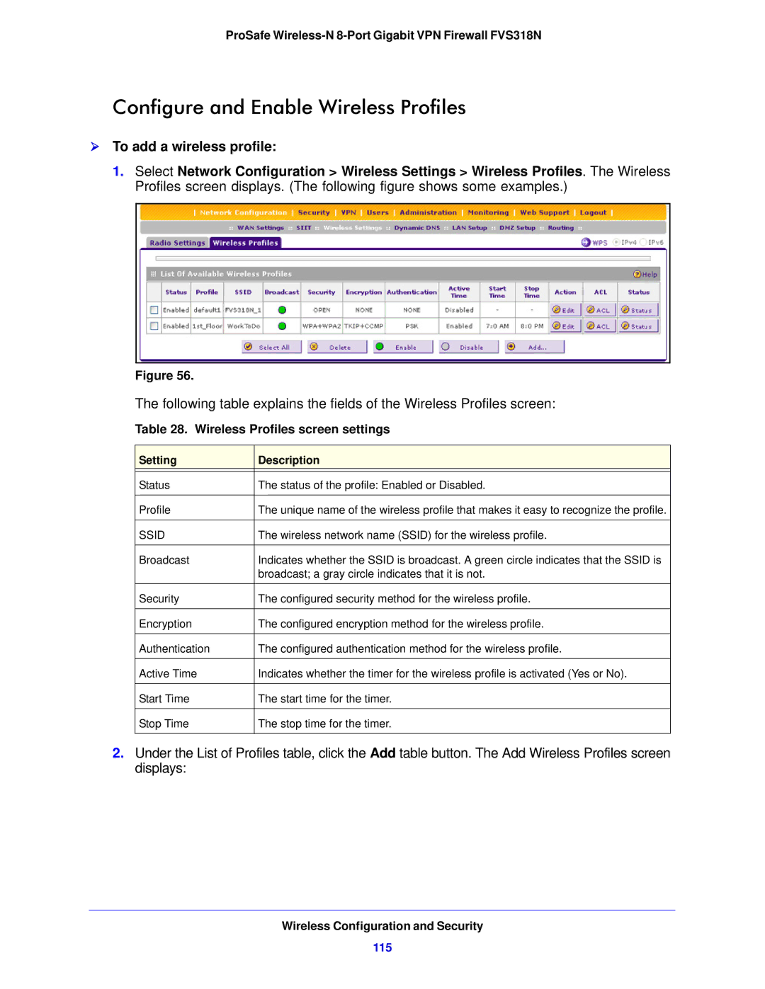 NETGEAR FVS318N Configure and Enable Wireless Profiles,  To add a wireless profile, Wireless Profiles screen settings 