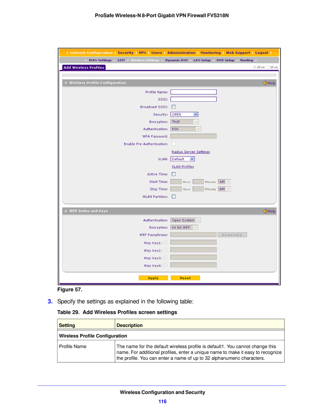 NETGEAR FVS318N manual Add Wireless Profiles screen settings, 116, Setting Description Wireless Profile Configuration 