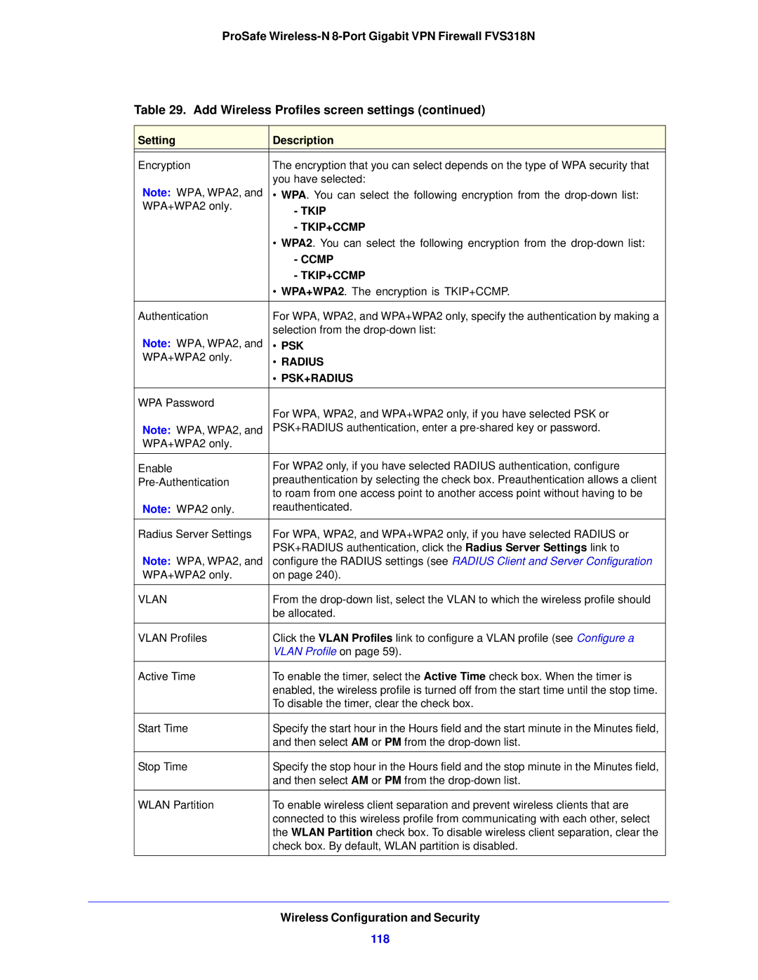 NETGEAR FVS318N manual 118, Vlan Profile on 