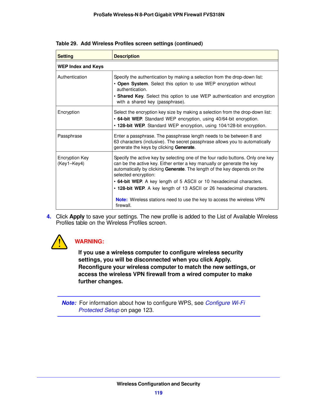 NETGEAR FVS318N manual 119, Setting Description WEP Index and Keys 