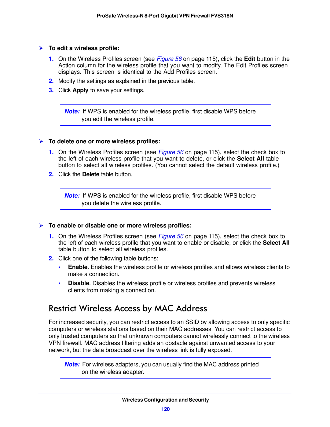 NETGEAR FVS318N manual Restrict Wireless Access by MAC Address,  To edit a wireless profile, 120 