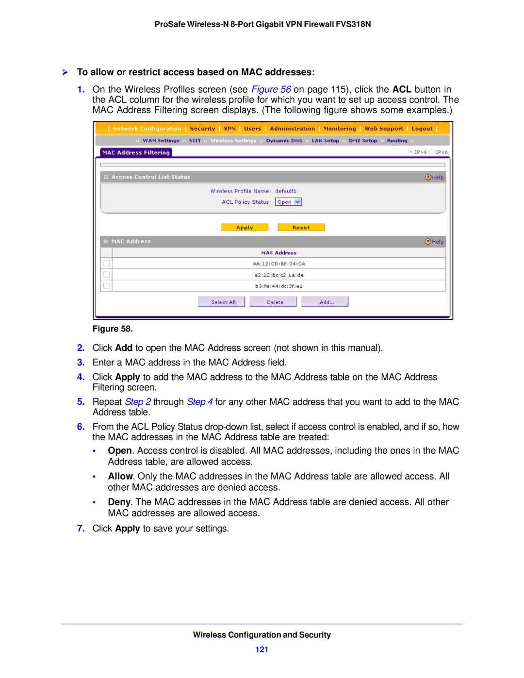 NETGEAR FVS318N manual  To allow or restrict access based on MAC addresses, 121 