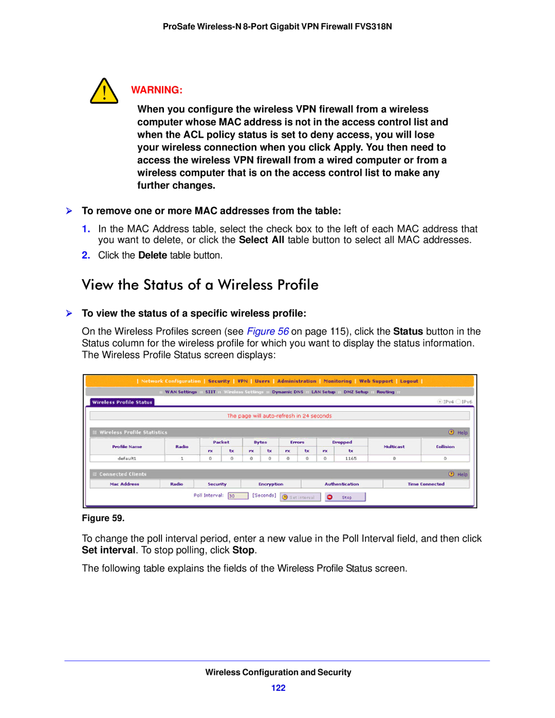 NETGEAR FVS318N manual View the Status of a Wireless Profile,  To view the status of a specific wireless profile, 122 