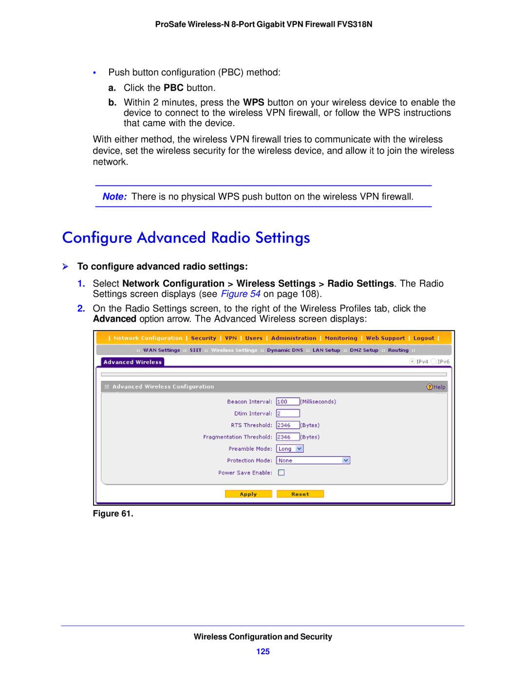 NETGEAR FVS318N manual Configure Advanced Radio Settings,  To configure advanced radio settings, 125 