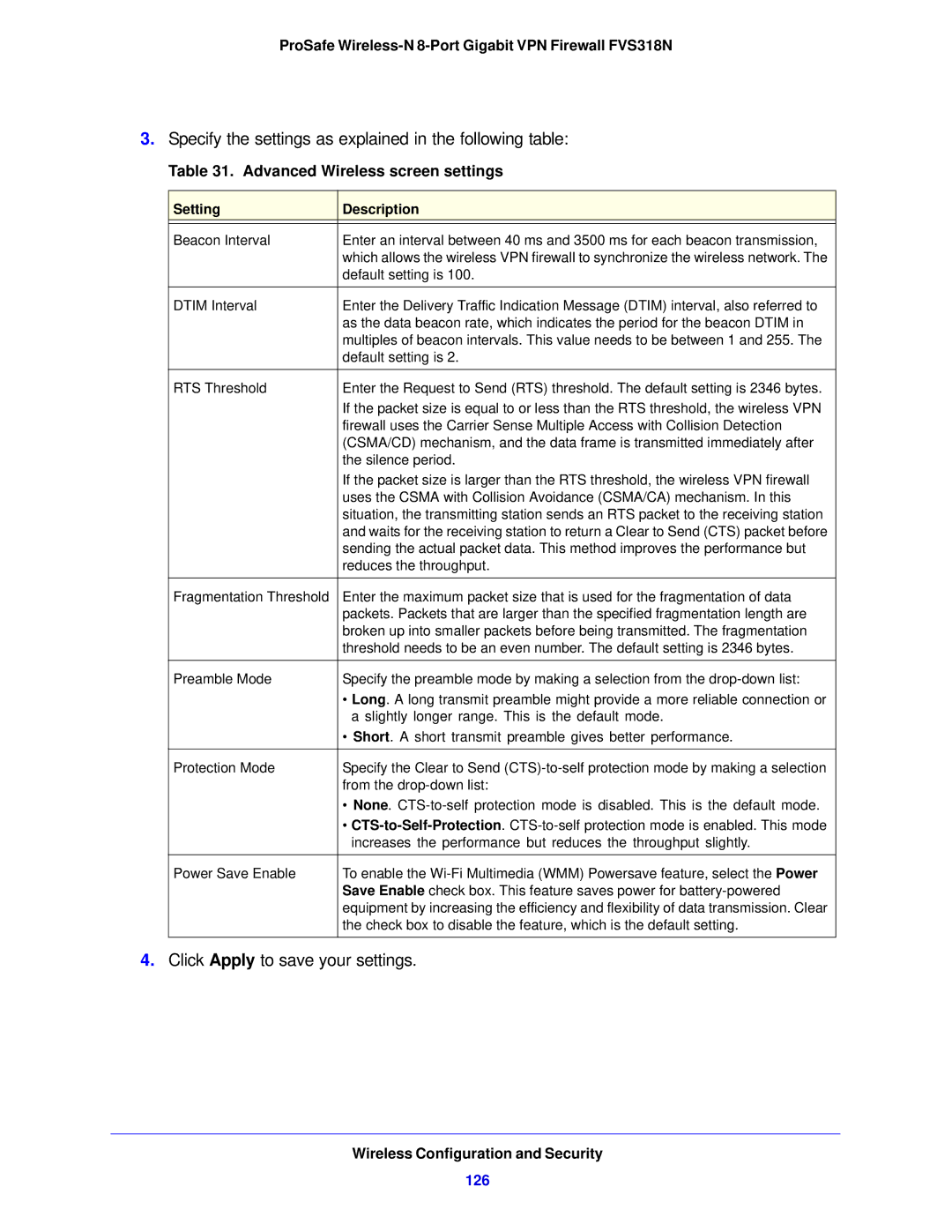 NETGEAR FVS318N manual Advanced Wireless screen settings, 126 