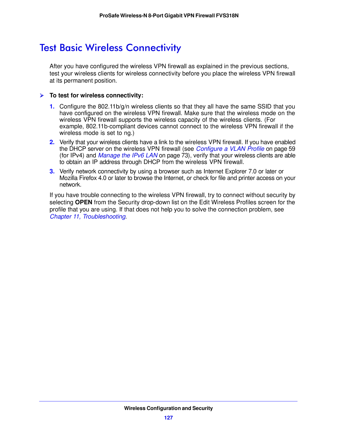 NETGEAR FVS318N manual Test Basic Wireless Connectivity,  To test for wireless connectivity, 127 