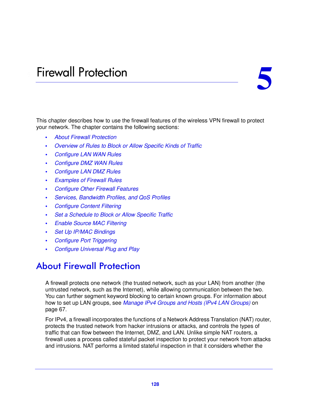 NETGEAR FVS318N manual About Firewall Protection, 128 