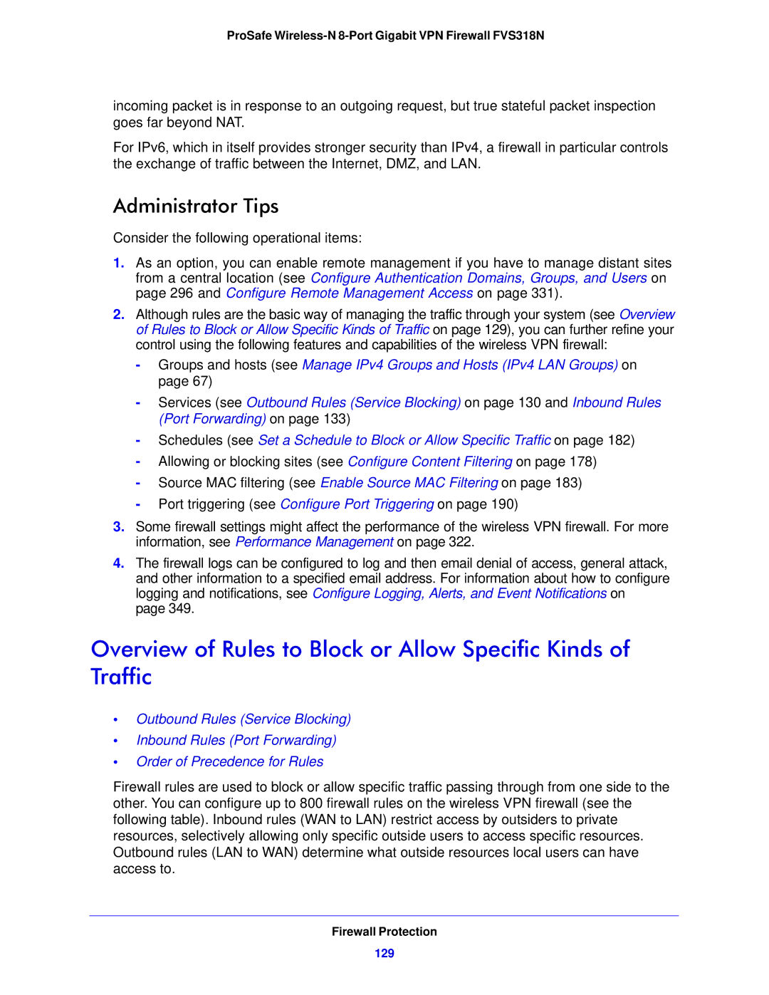 NETGEAR FVS318N manual Administrator Tips, Firewall Protection, 129 