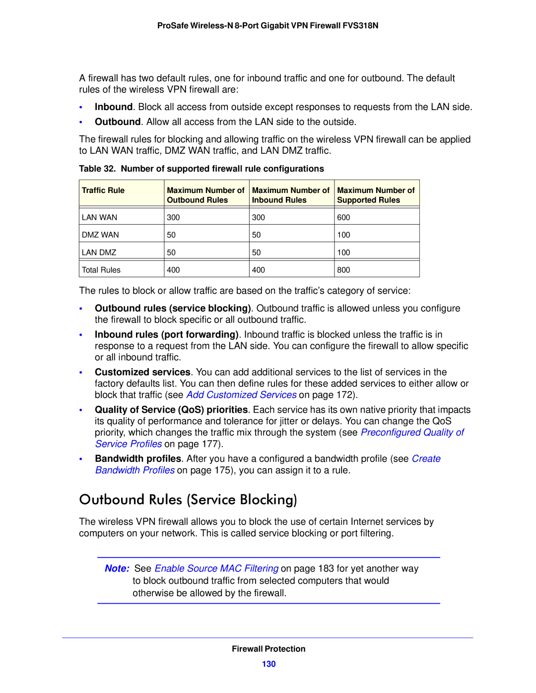 NETGEAR FVS318N manual Outbound Rules Service Blocking, Number of supported firewall rule configurations, 130 