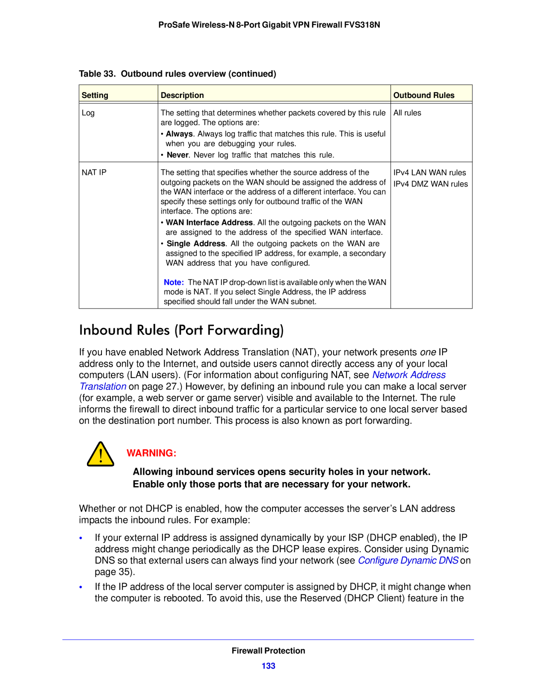 NETGEAR FVS318N manual Inbound Rules Port Forwarding, 133, Nat Ip 