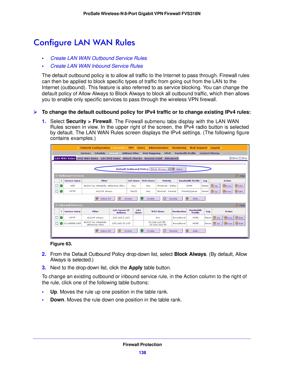 NETGEAR FVS318N manual Configure LAN WAN Rules, 138 