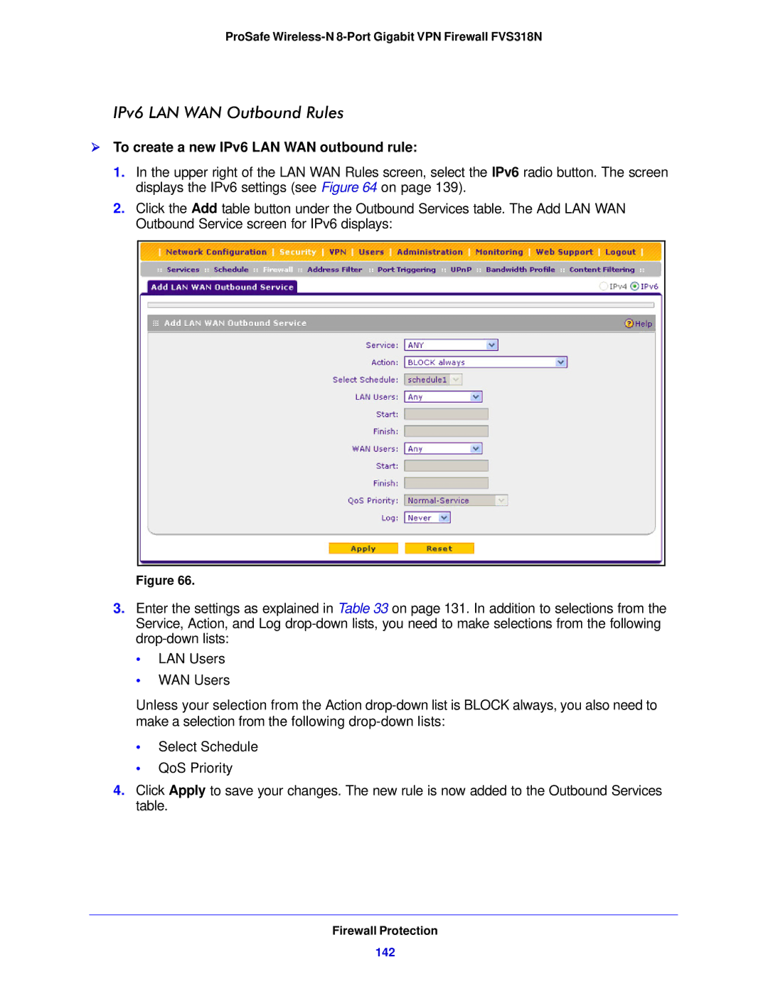 NETGEAR FVS318N manual IPv6 LAN WAN Outbound Rules,  To create a new IPv6 LAN WAN outbound rule, 142 