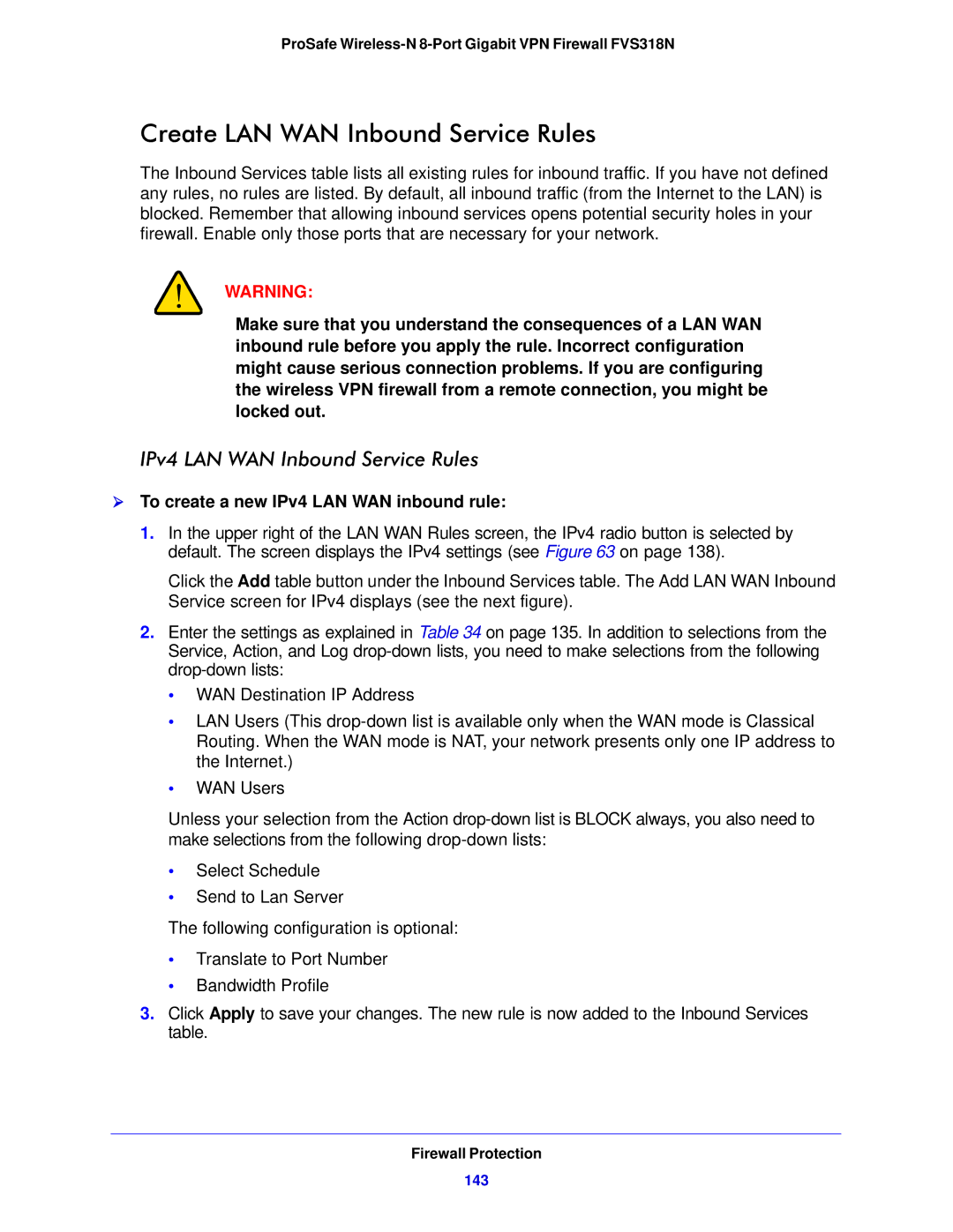 NETGEAR FVS318N manual Create LAN WAN Inbound Service Rules, IPv4 LAN WAN Inbound Service Rules, 143 