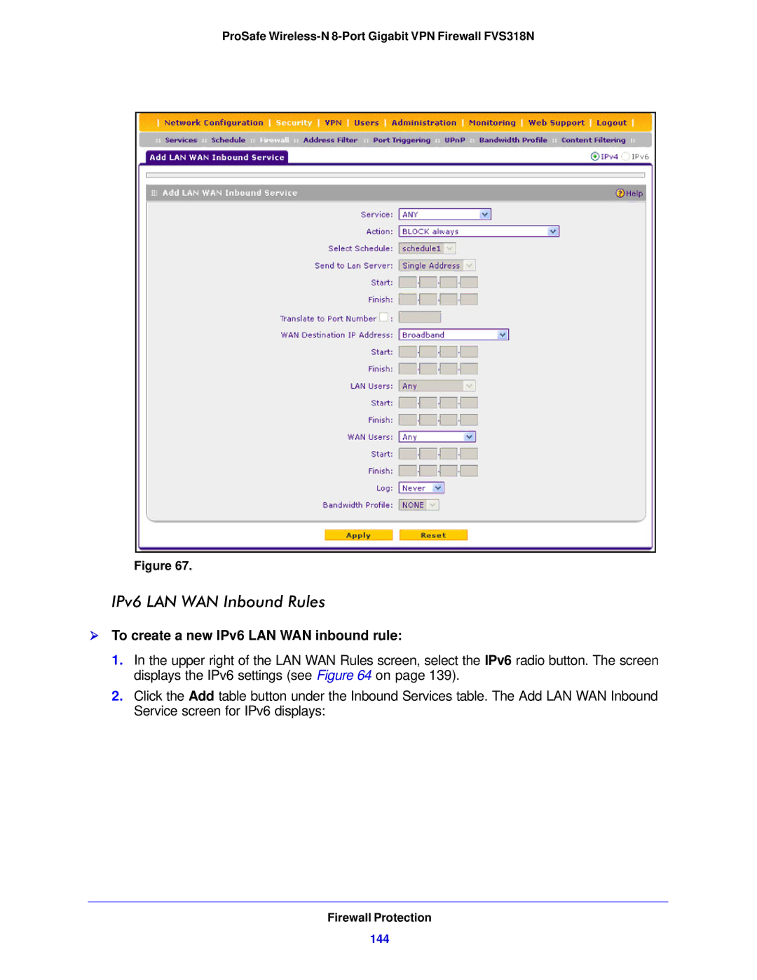 NETGEAR FVS318N manual IPv6 LAN WAN Inbound Rules,  To create a new IPv6 LAN WAN inbound rule, 144 