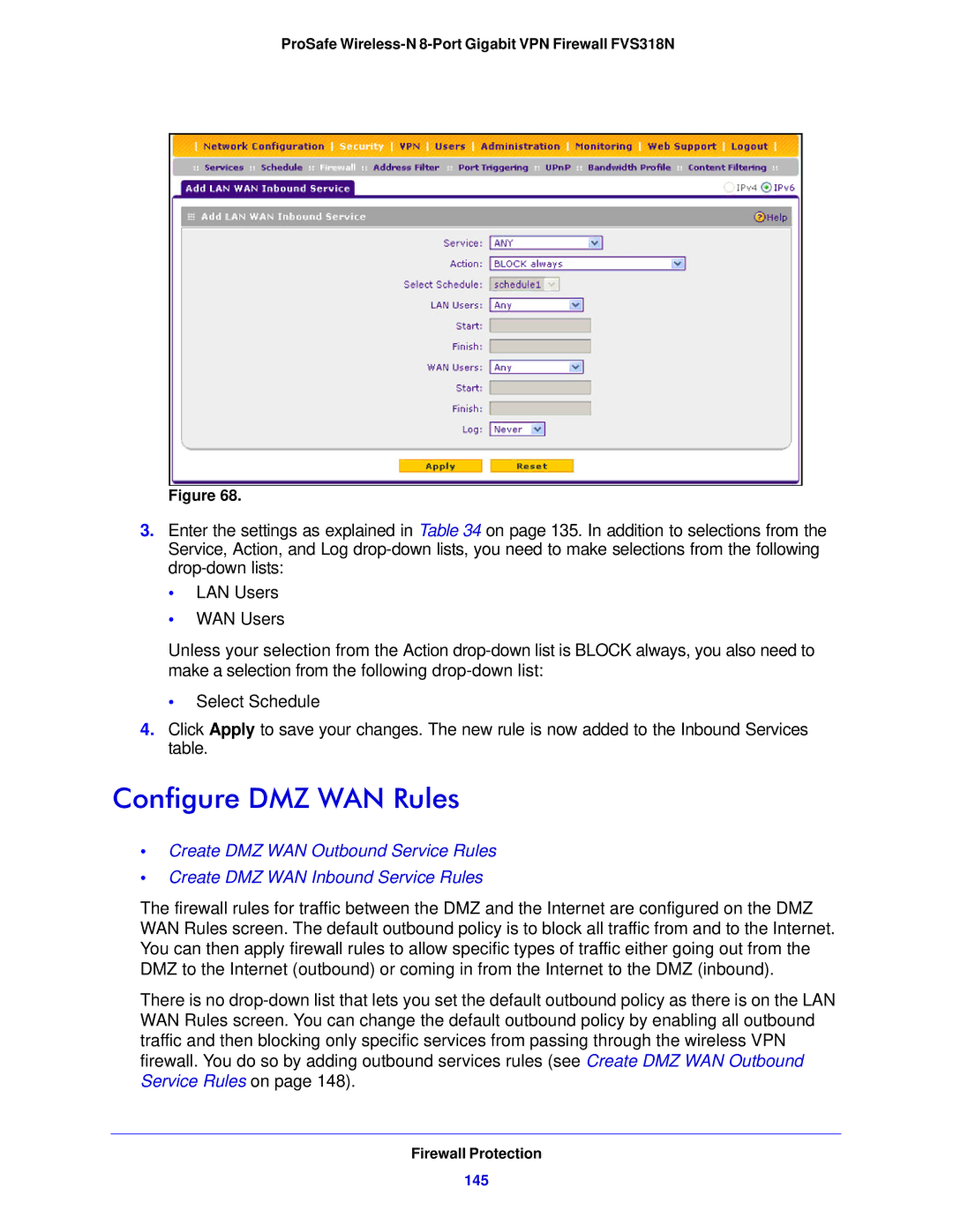 NETGEAR FVS318N manual Configure DMZ WAN Rules, 145 