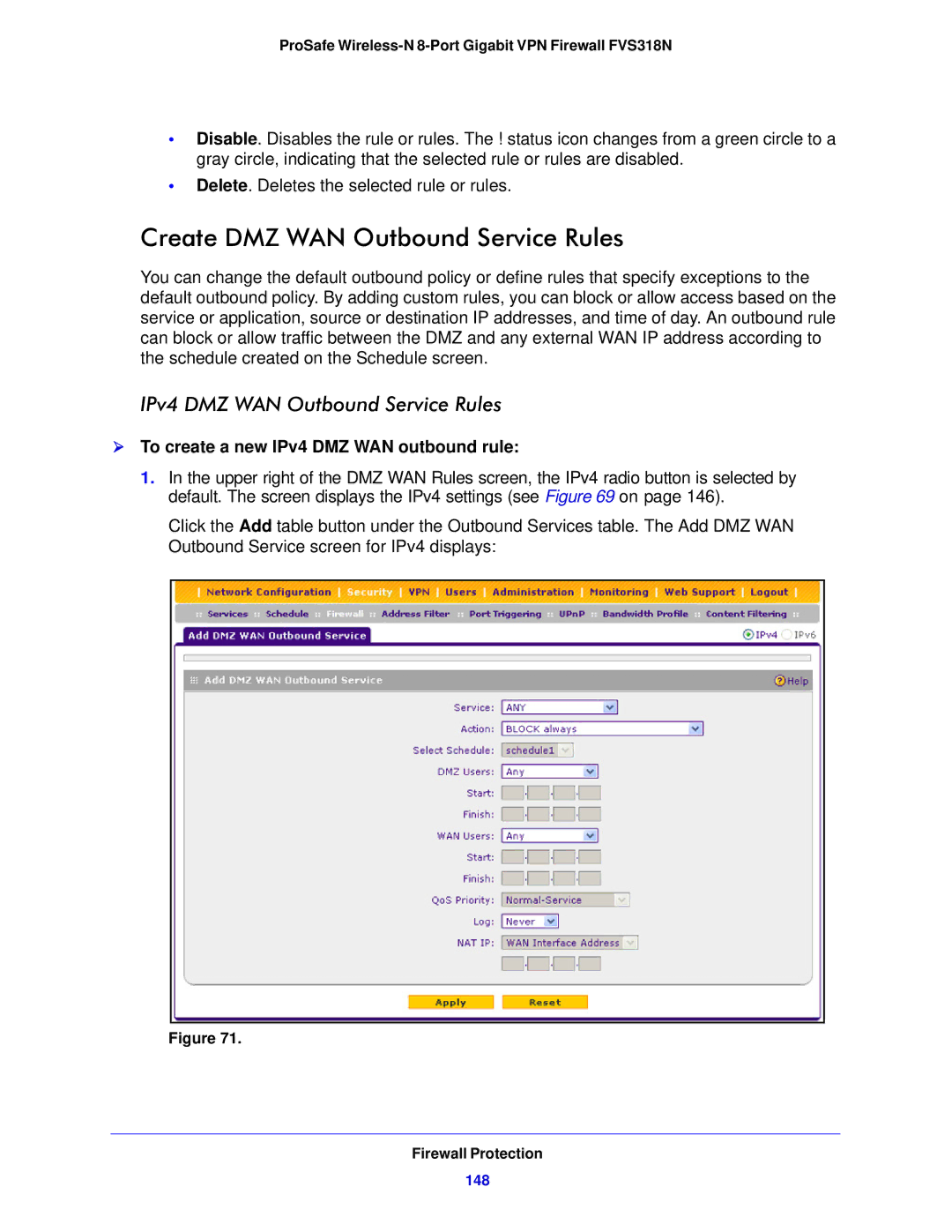 NETGEAR FVS318N manual Create DMZ WAN Outbound Service Rules, IPv4 DMZ WAN Outbound Service Rules, 148 