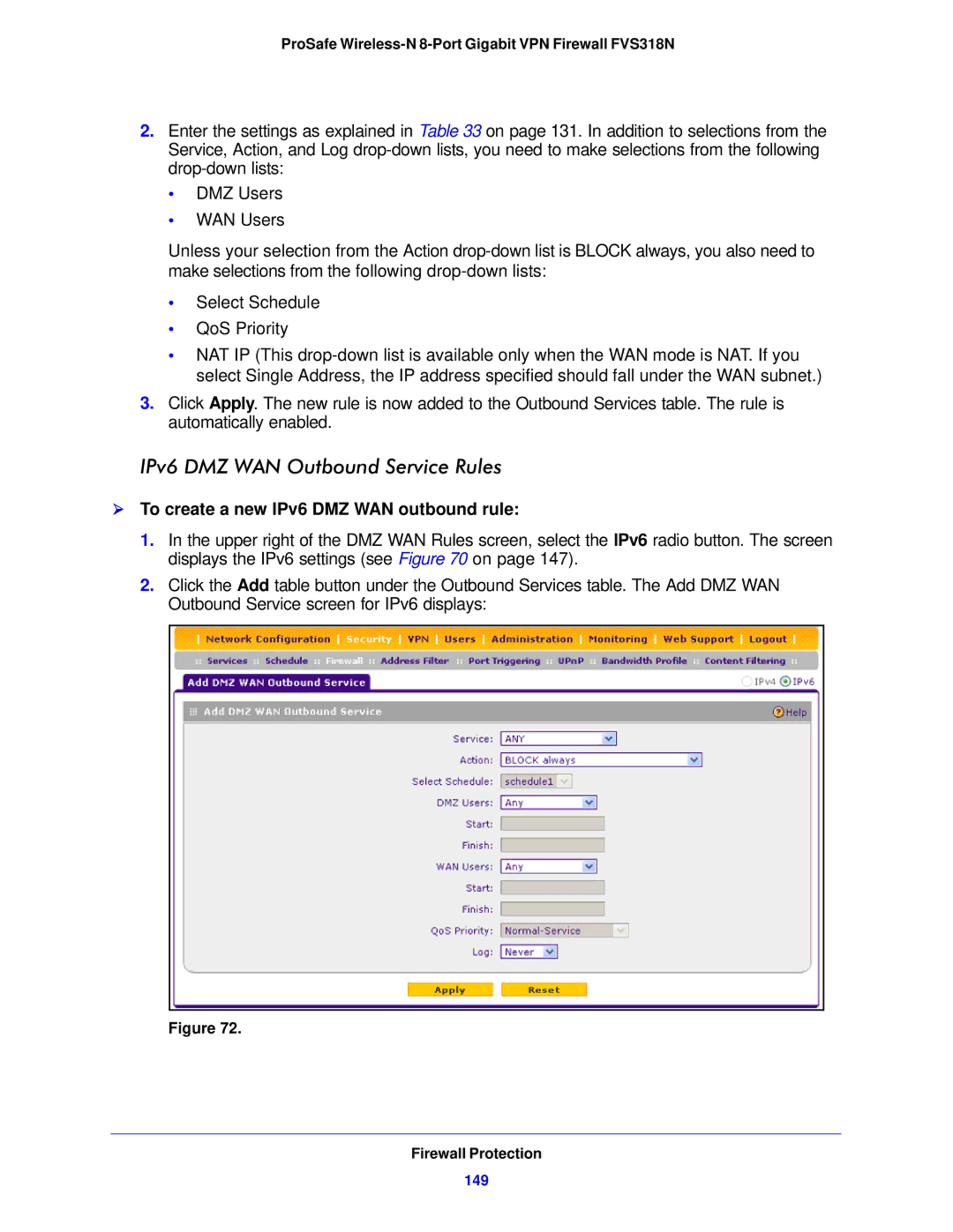 NETGEAR FVS318N manual IPv6 DMZ WAN Outbound Service Rules,  To create a new IPv6 DMZ WAN outbound rule, 149 