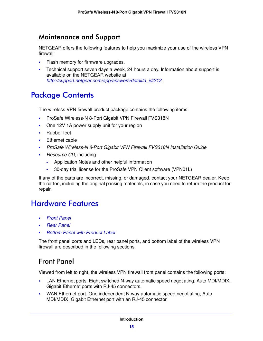 NETGEAR FVS318N manual Package Contents, Hardware Features 