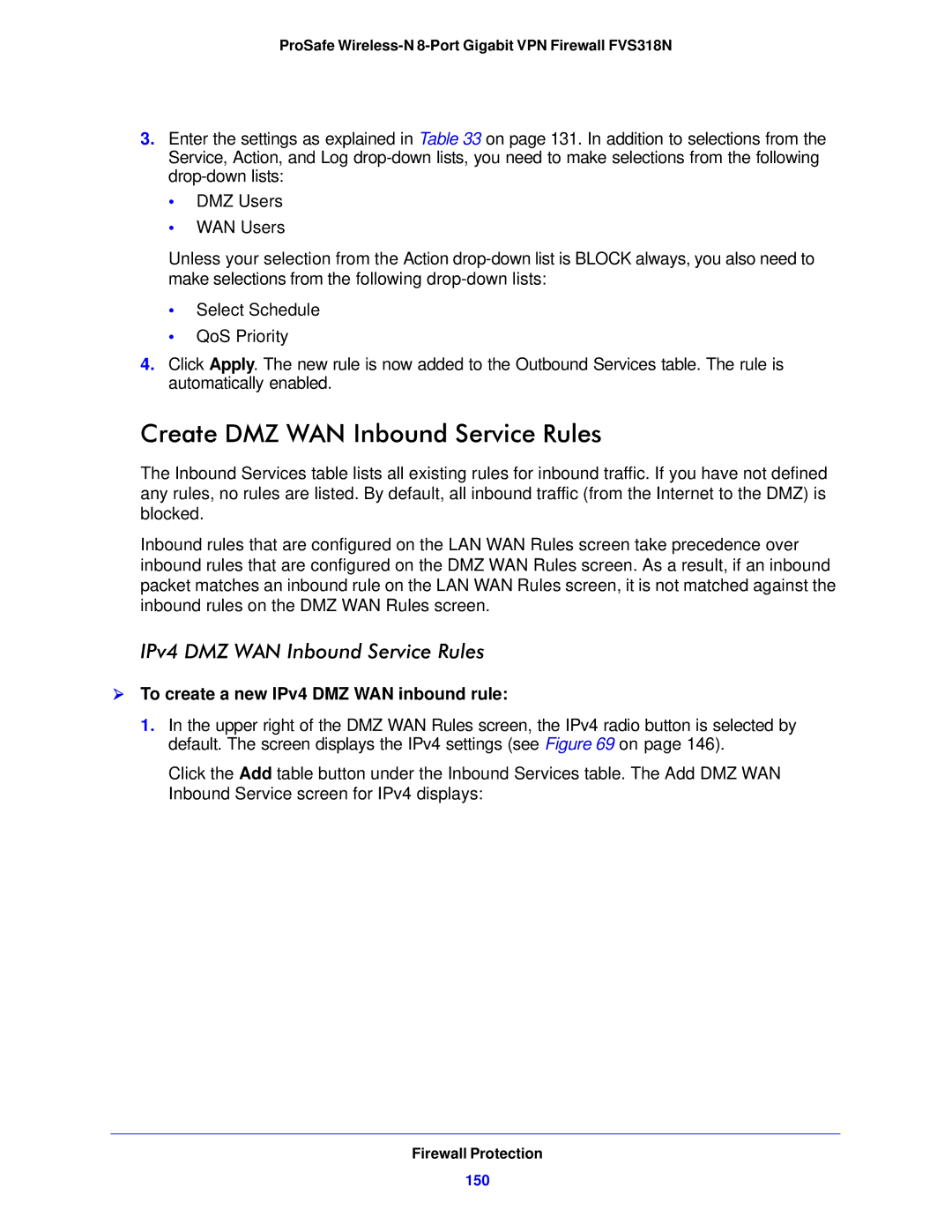 NETGEAR FVS318N manual Create DMZ WAN Inbound Service Rules, IPv4 DMZ WAN Inbound Service Rules, 150 