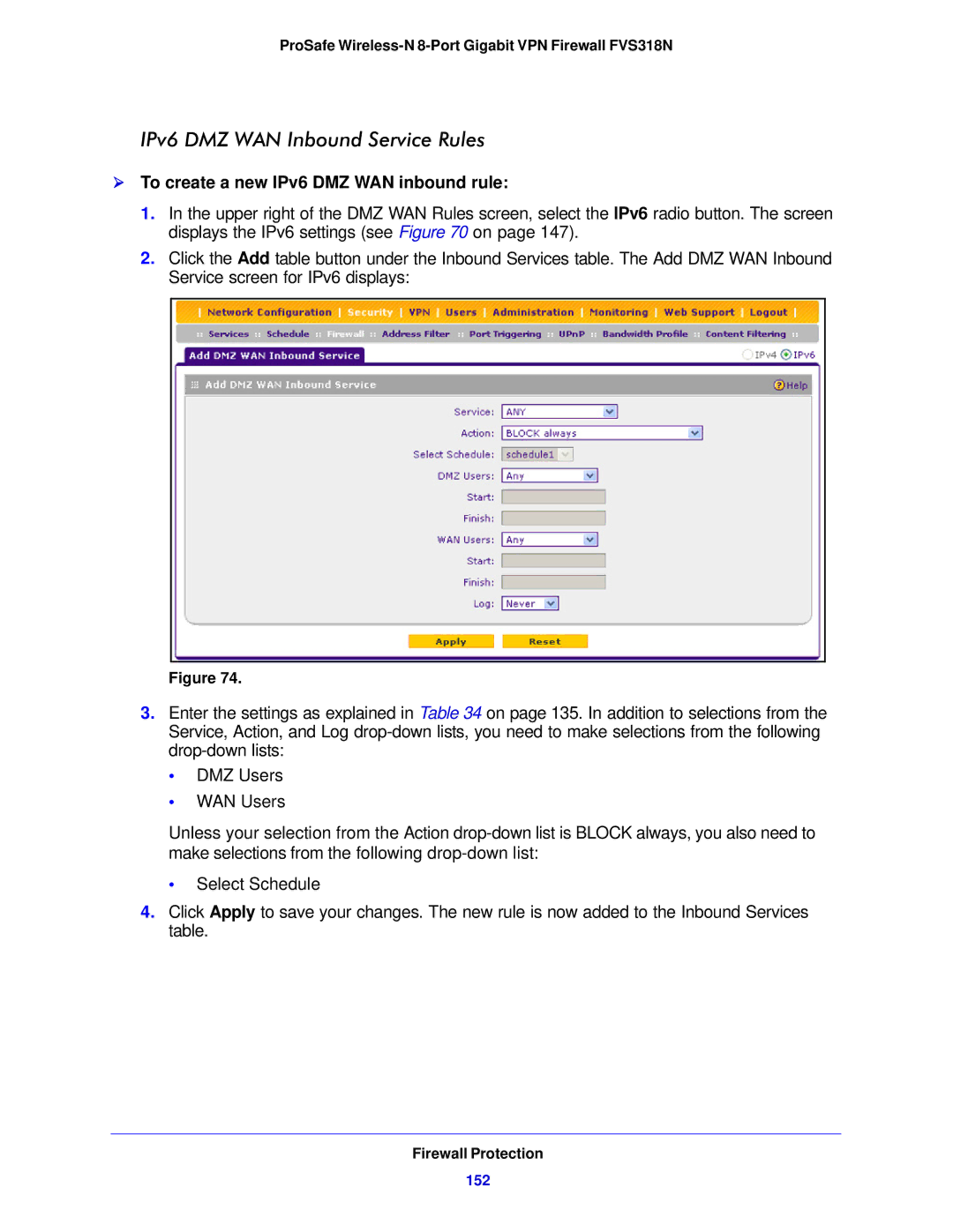 NETGEAR FVS318N manual IPv6 DMZ WAN Inbound Service Rules,  To create a new IPv6 DMZ WAN inbound rule, 152 