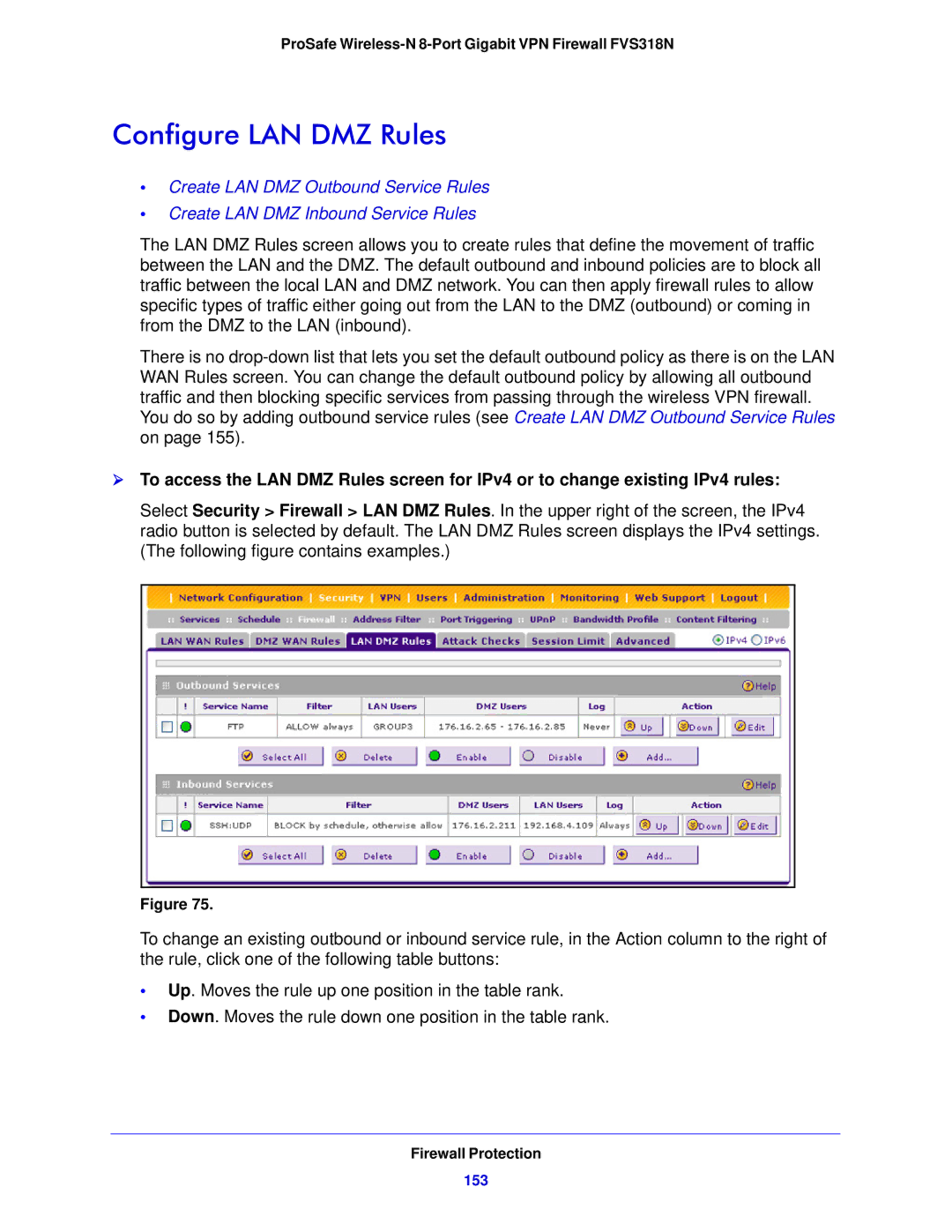 NETGEAR FVS318N manual Configure LAN DMZ Rules, 153 