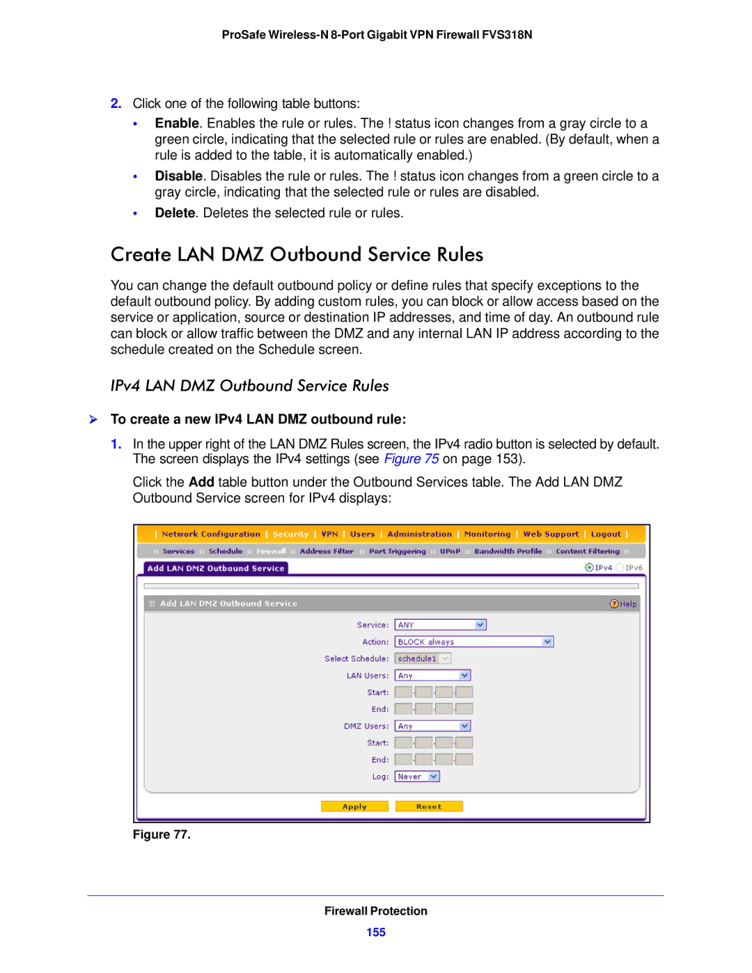 NETGEAR FVS318N manual Create LAN DMZ Outbound Service Rules, IPv4 LAN DMZ Outbound Service Rules, 155 