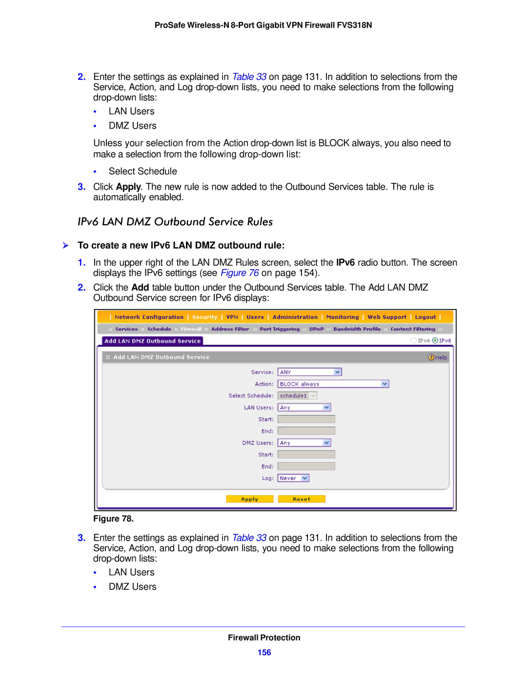 NETGEAR FVS318N manual IPv6 LAN DMZ Outbound Service Rules,  To create a new IPv6 LAN DMZ outbound rule, 156 